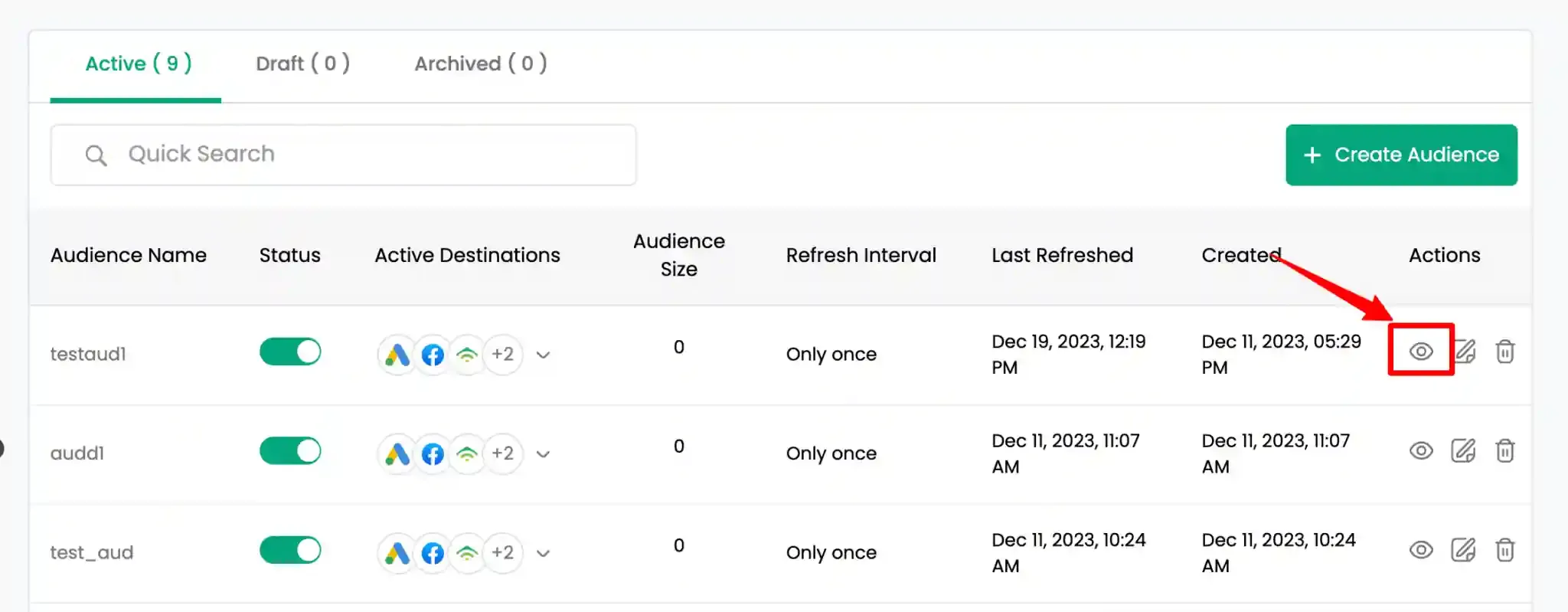 Audience list with View Audience icon