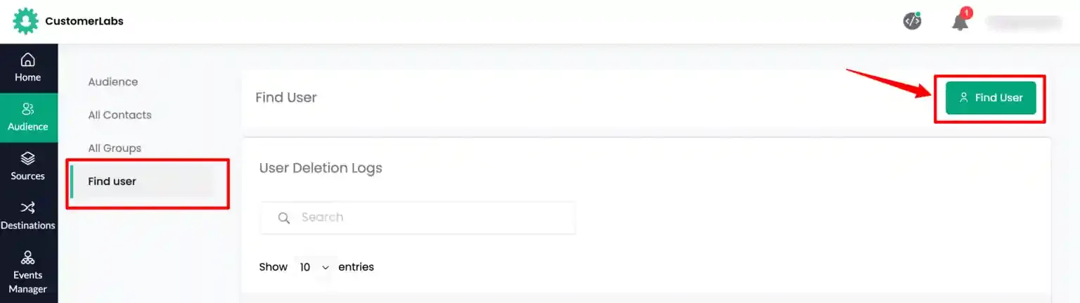 Audience menu with Find User option in CustomerLabs