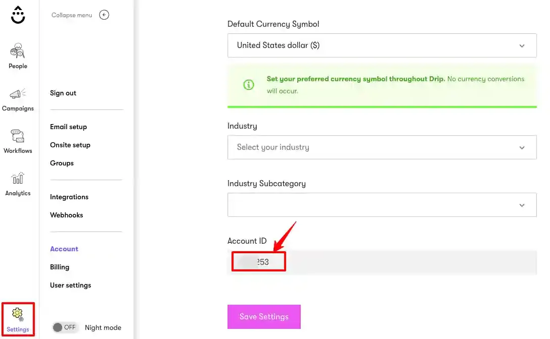 Drip Settings → Account → Account ID screen