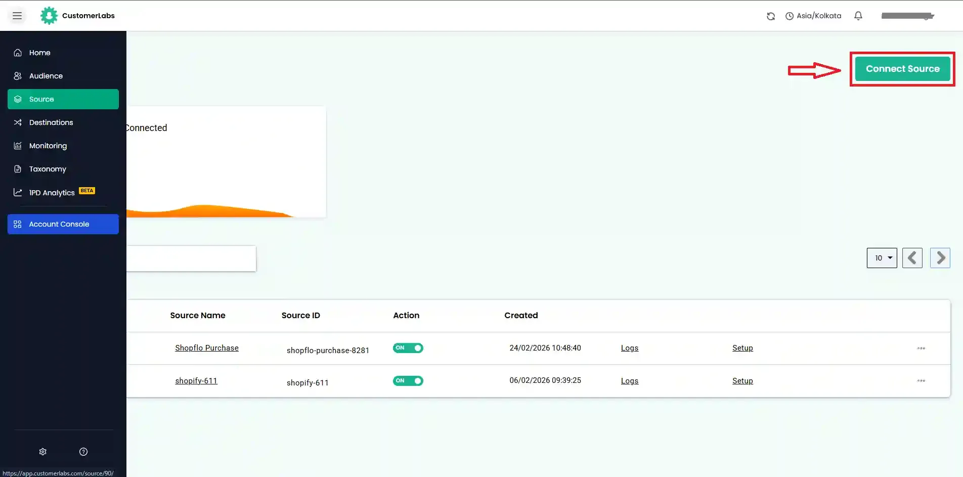 Navigate to Sources and click Connect Source