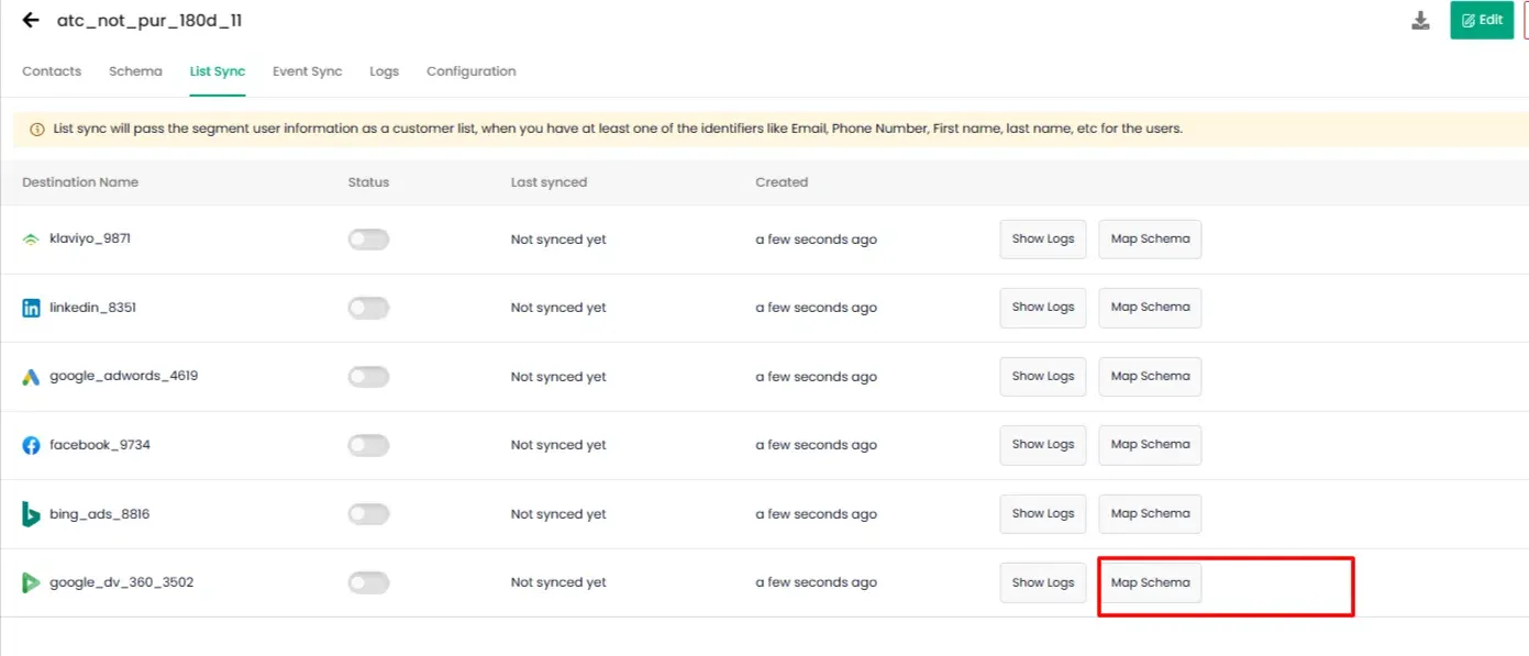 List Sync tab with Google DV360 Map Schema option