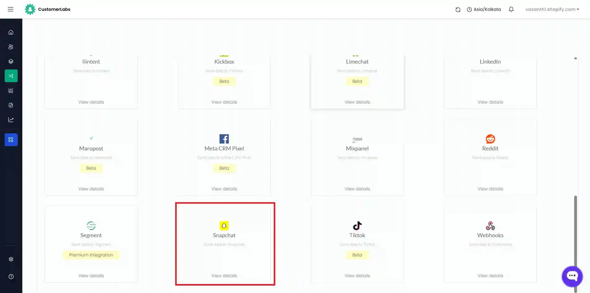 Selecting Snapchat from CustomerLabs Destinations