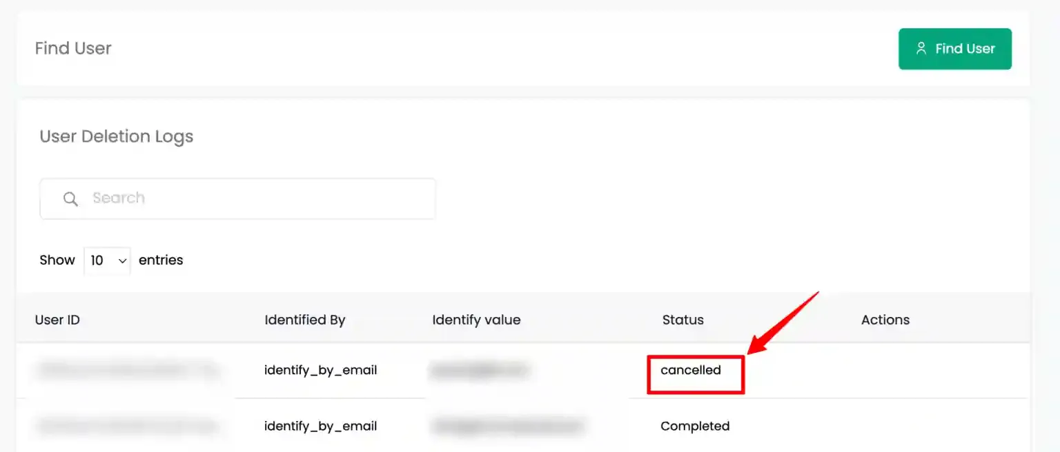 Cancel Request option in User Deletion Logs