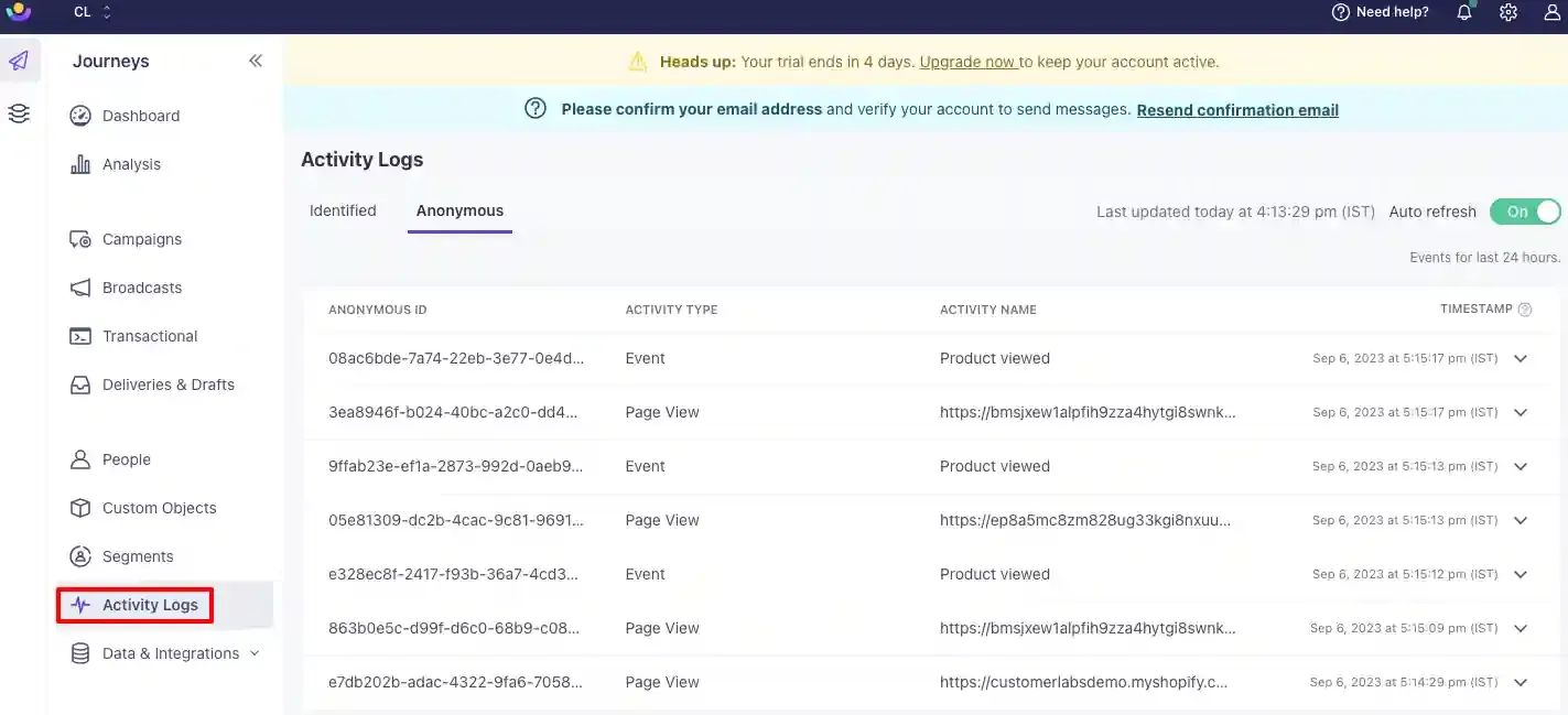 Customer.io Activity Logs showing events received from CustomerLabs