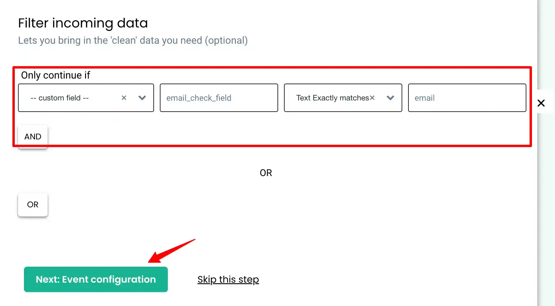 Proceeding to Event Configuration in the Kickbox workflow