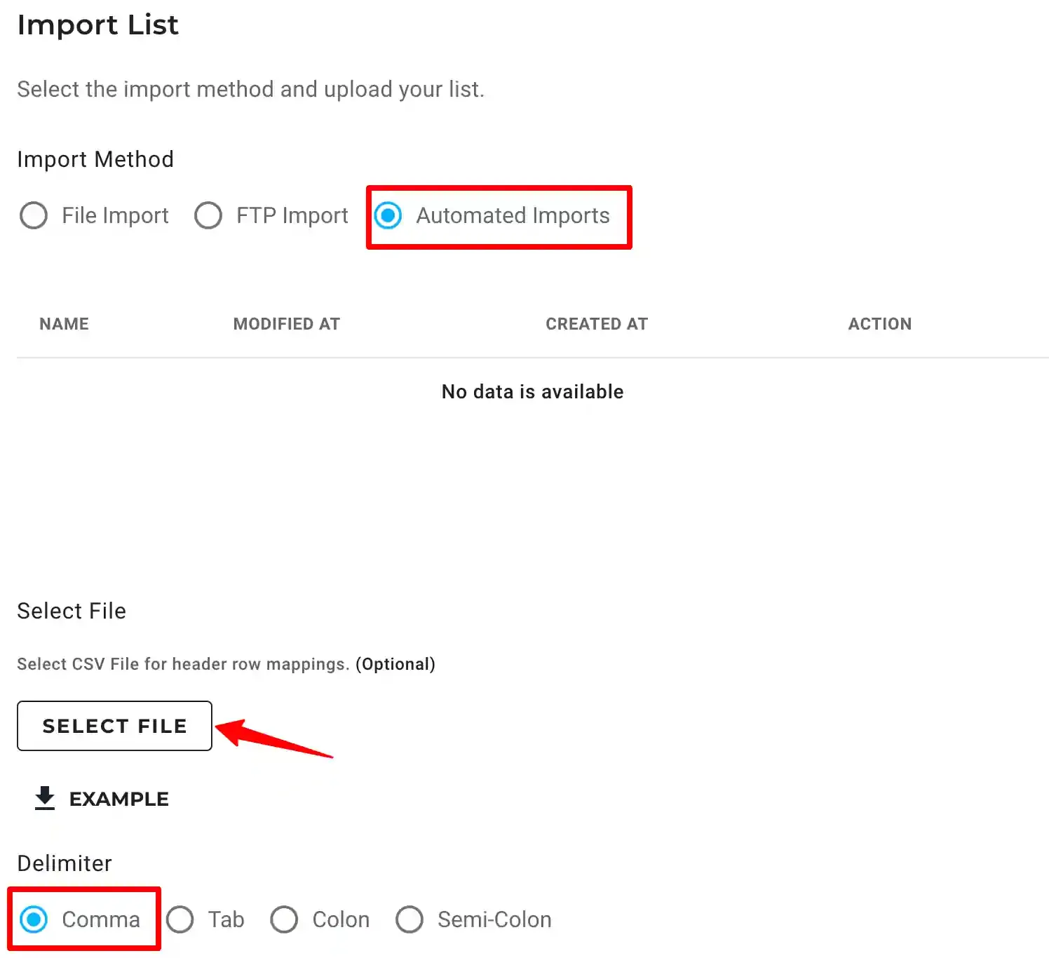 Automated Imports selected in Maropost