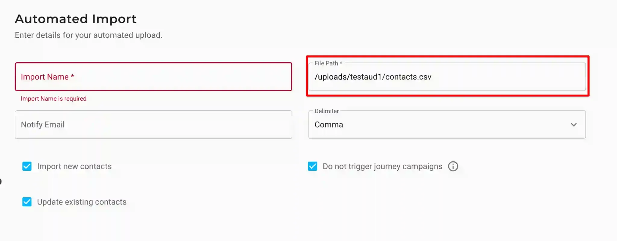 Import Name and File Path configured in Maropost automated import