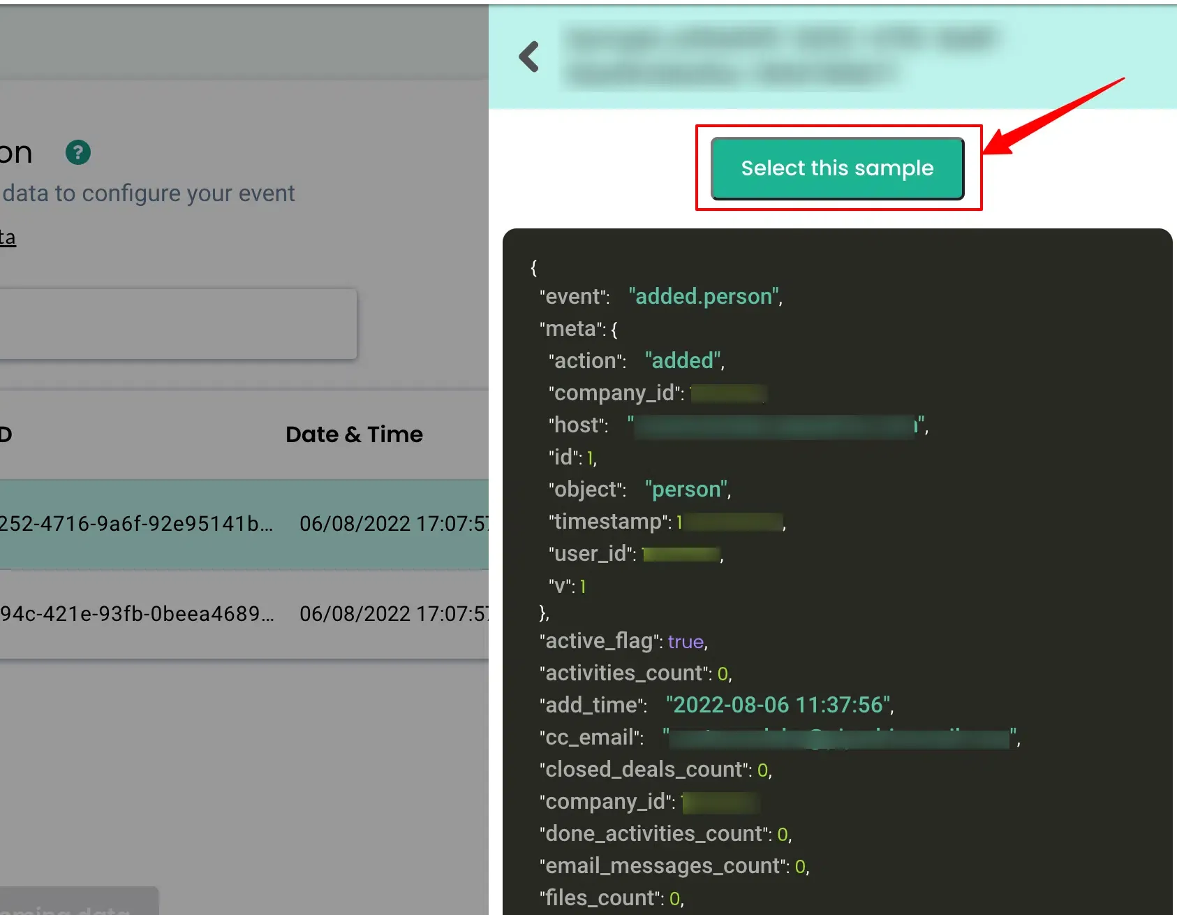 Selecting sample data for the Pipedrive Person workflow