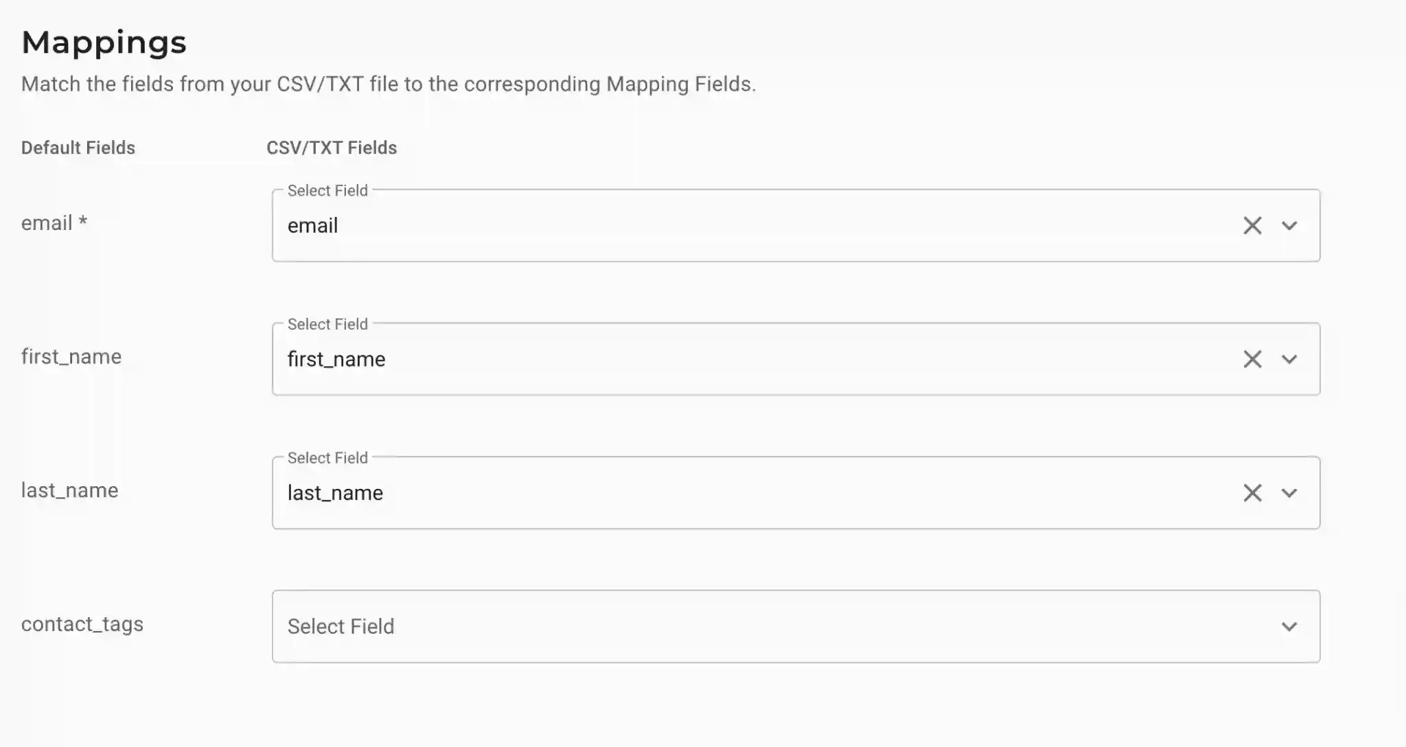 Field mappings auto-populated from CSV headers in Maropost