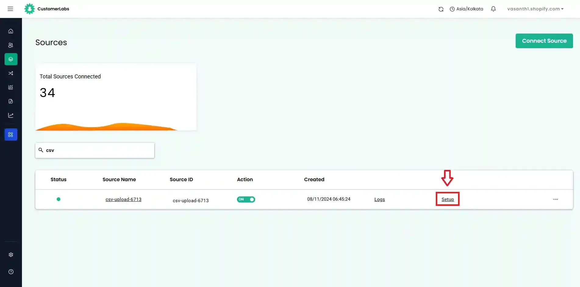 Navigate to Sources, csv-upload, then Setup