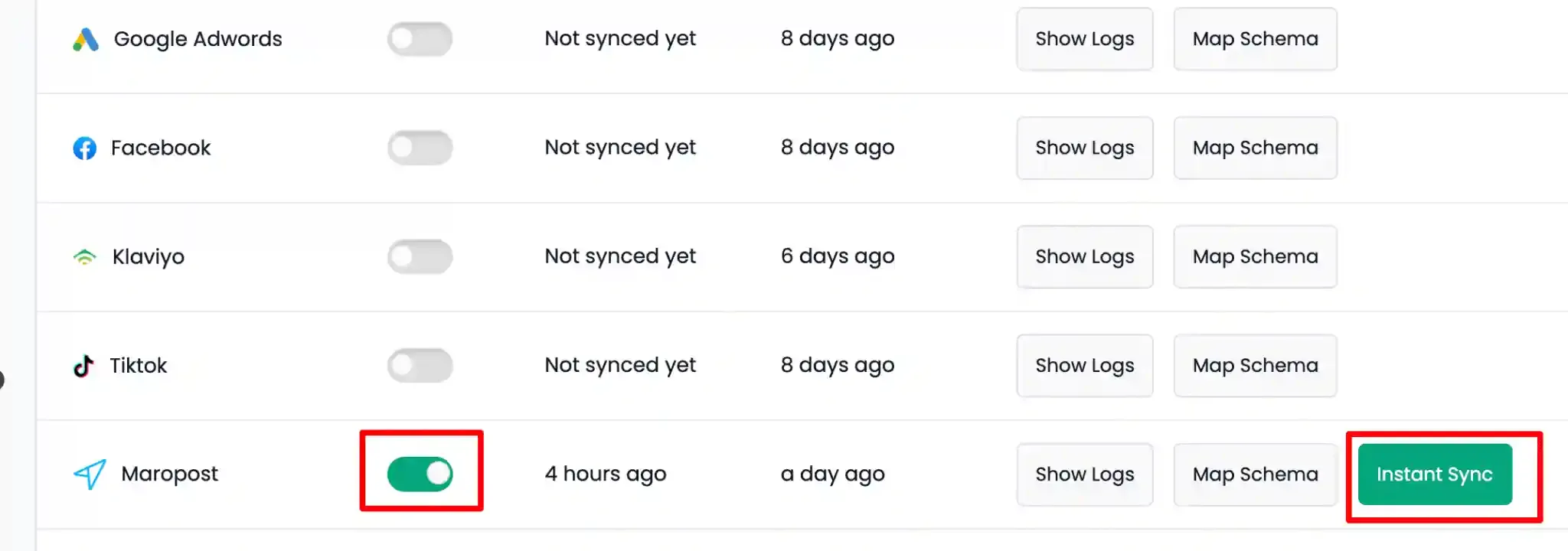 Maropost toggle enabled and Instant Sync activated in CustomerLabs