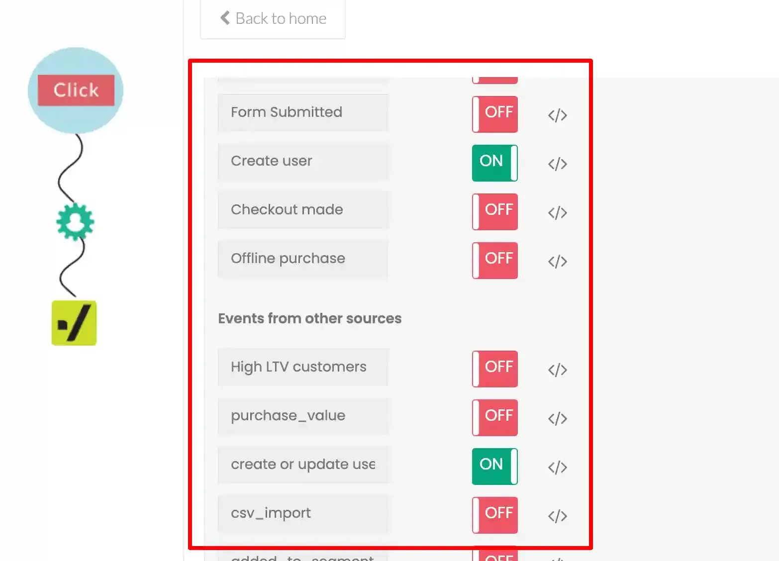 Enable the toggle for each event in Setup Event Workflow