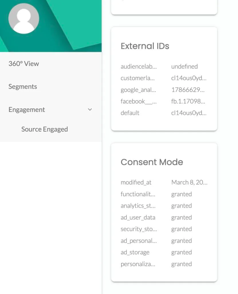 The image shows a 360-degree profile of a user inside Customerlabs 1PD Ops with entire customer journey and the external IDs such as google analytics ID, Facebook ID, and all other consent parameters such as ad_user_data ad_personalization ad_storage analytics_storage and more.