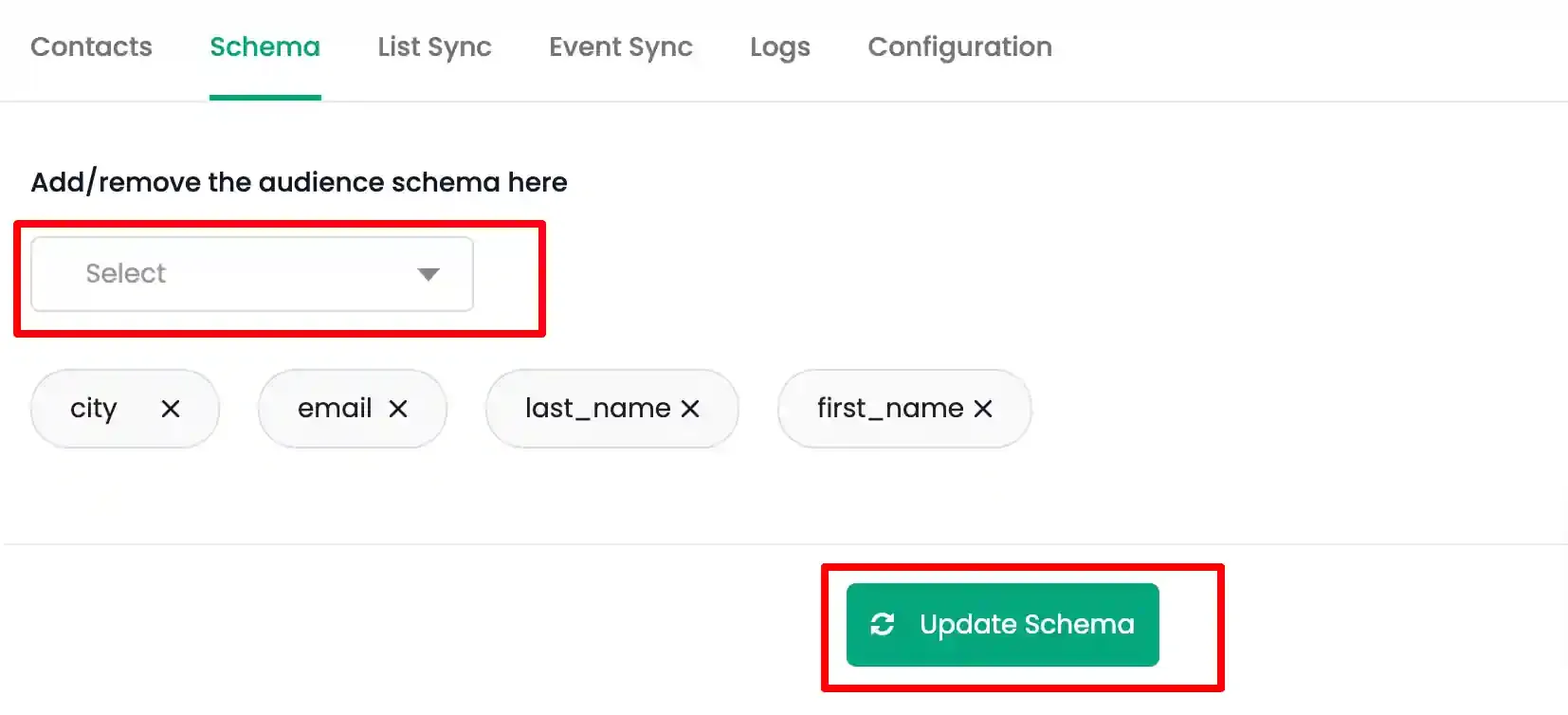 Schema tab with email fields added and Update Schema clicked