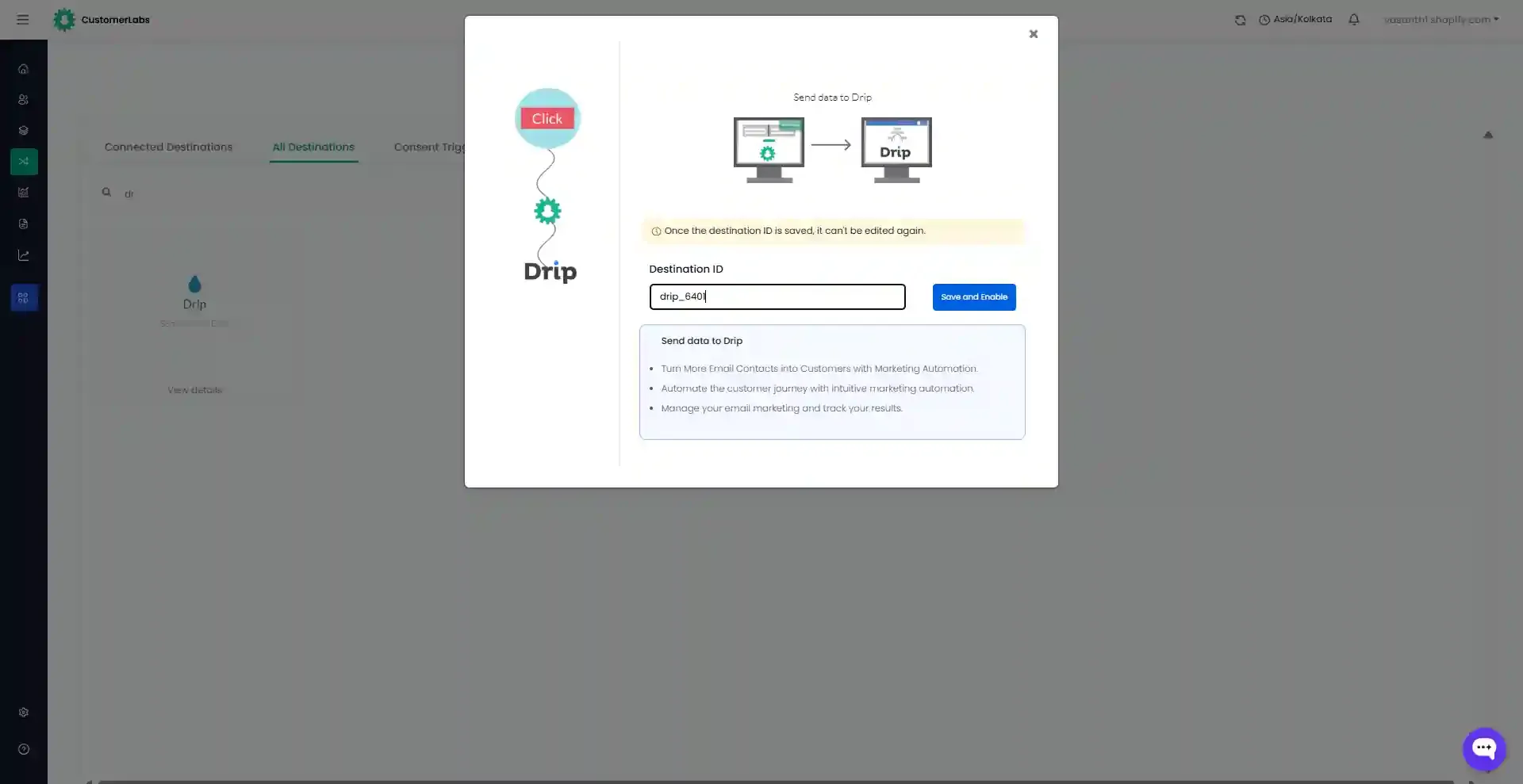 Drip destination pop-up with Enable button
