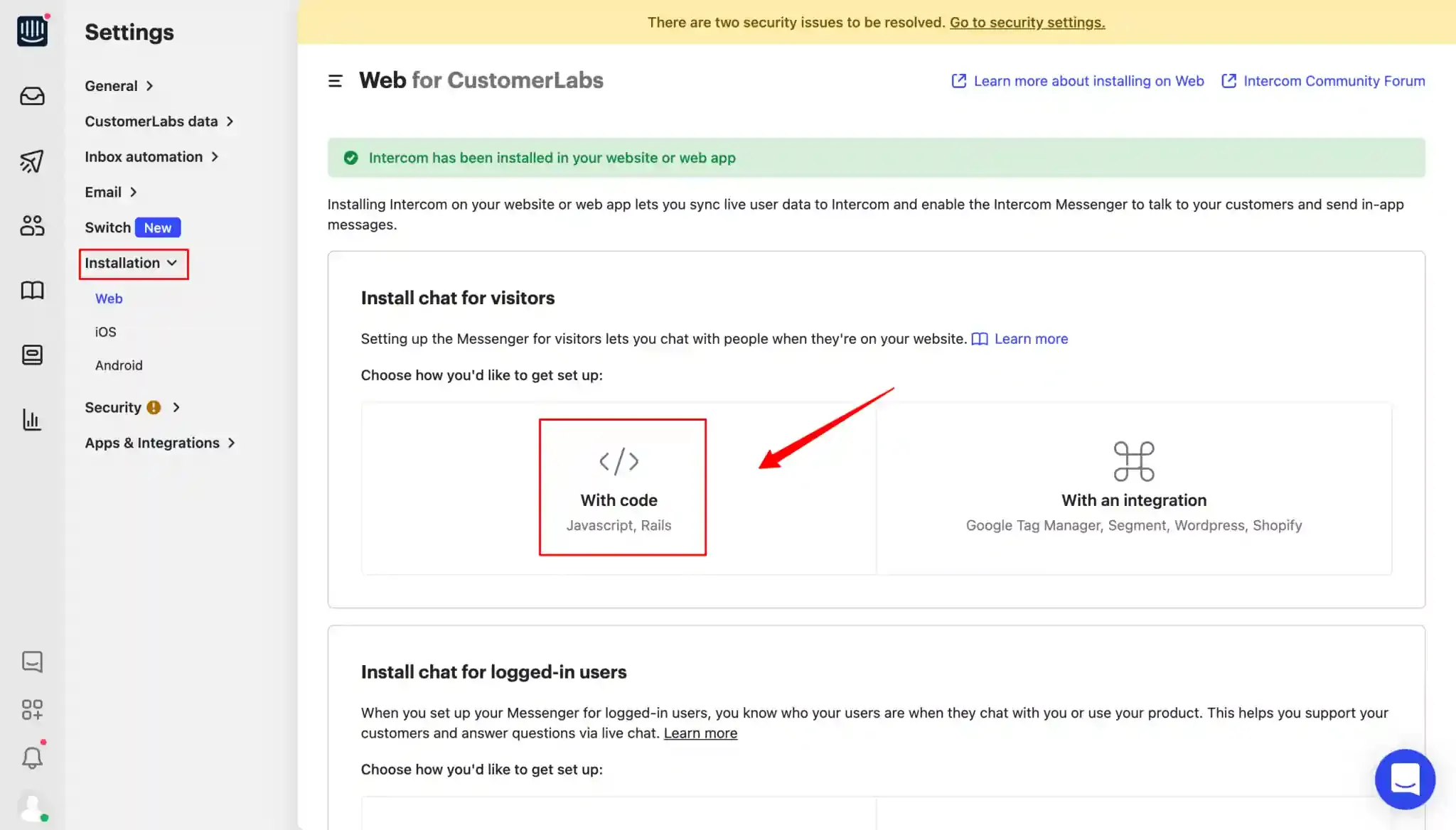 Settings → Installation → Web in Intercom