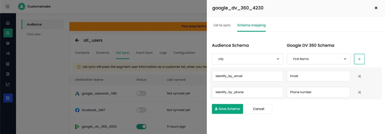 Google DV360 toggle enabled and Instant Sync initiated for the audience