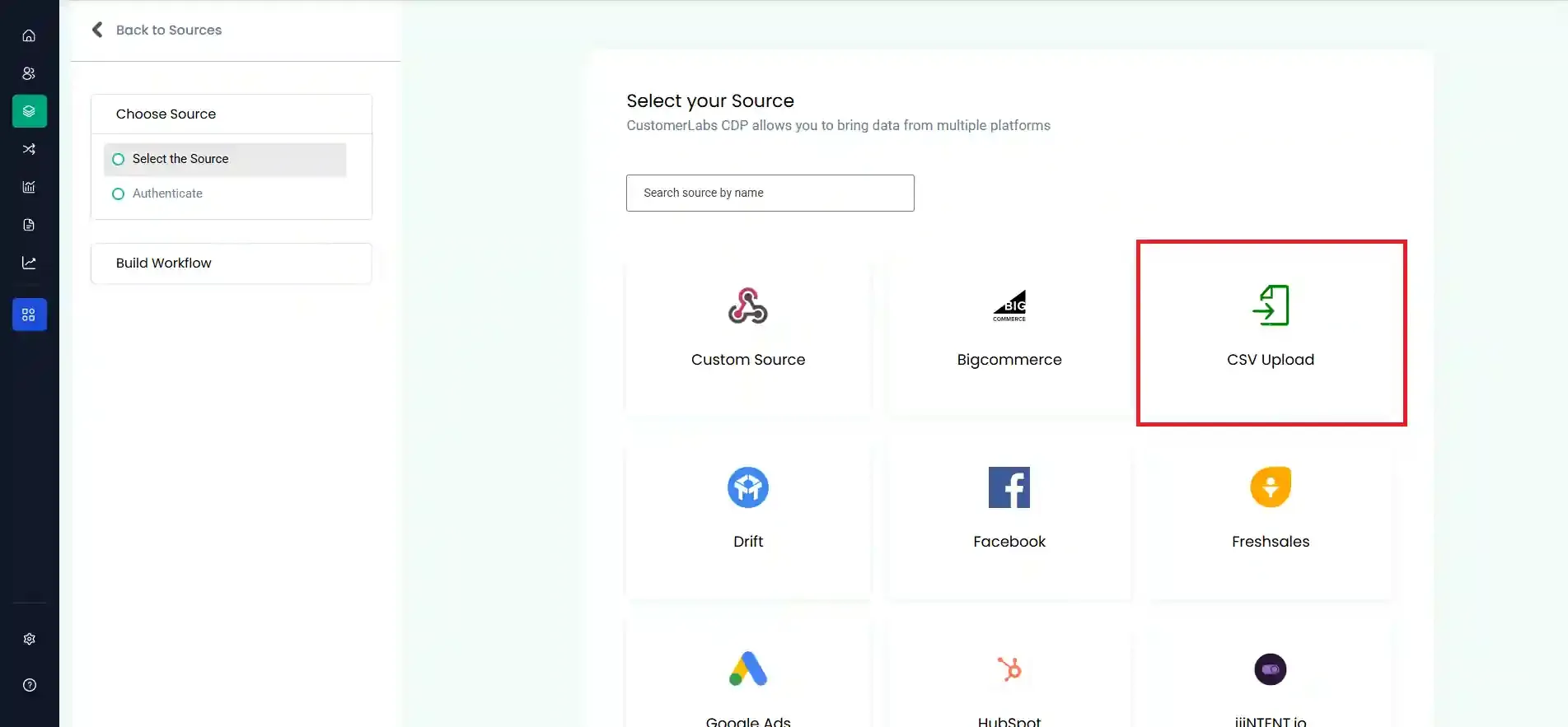 Select CSV Upload from the list of available sources