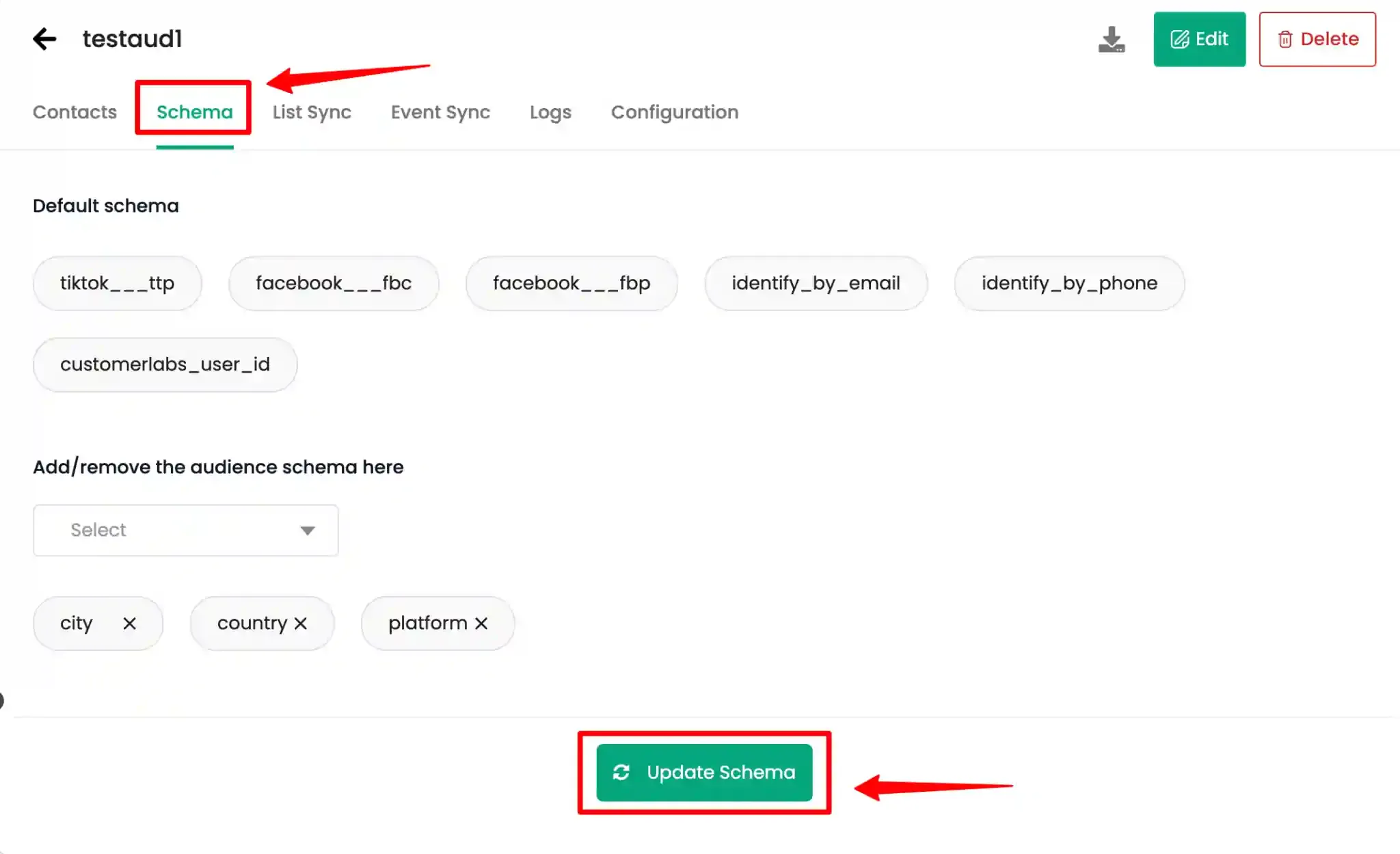 Schema tab with audience fields selected