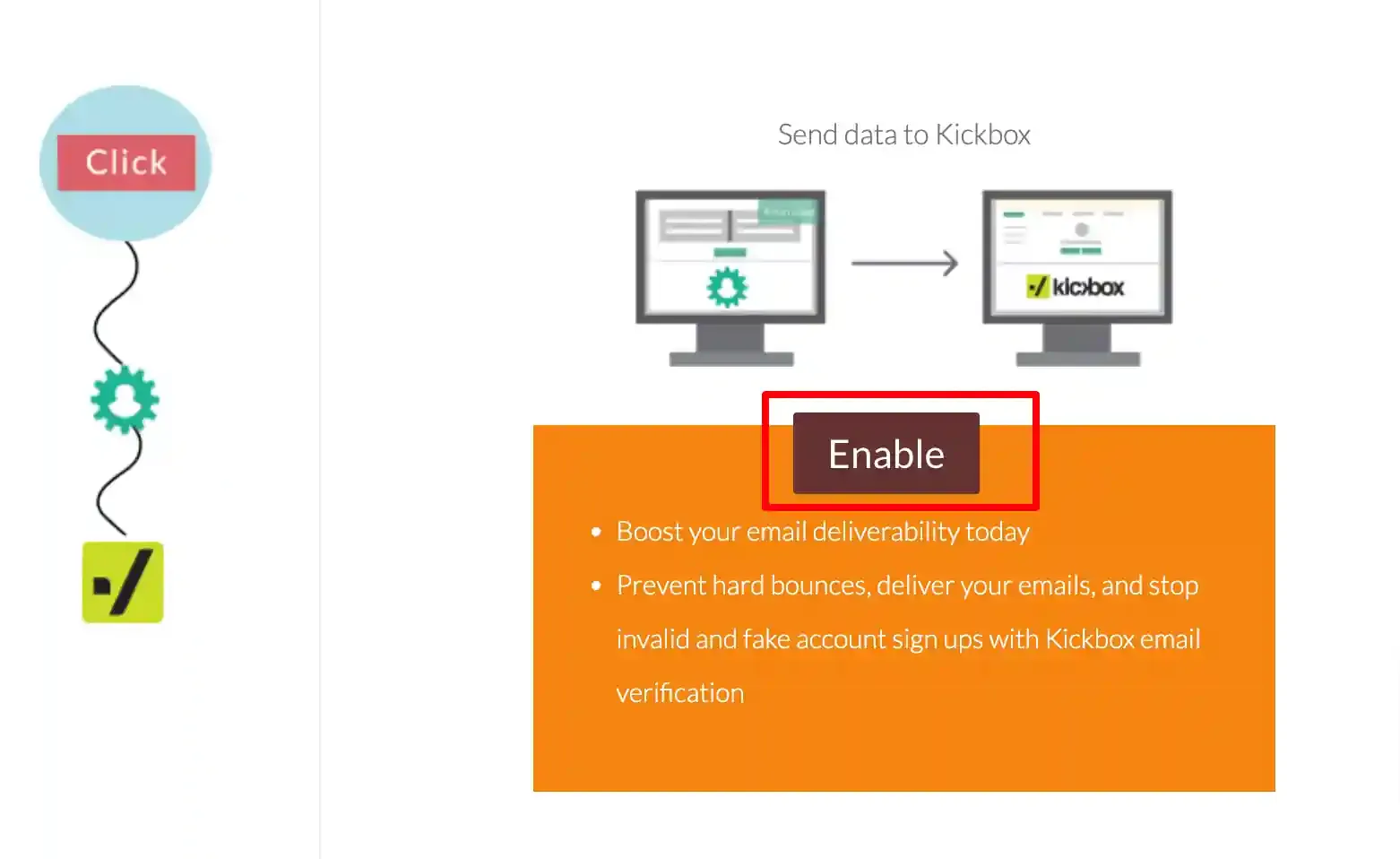 Kickbox destination pop-up with Enable button