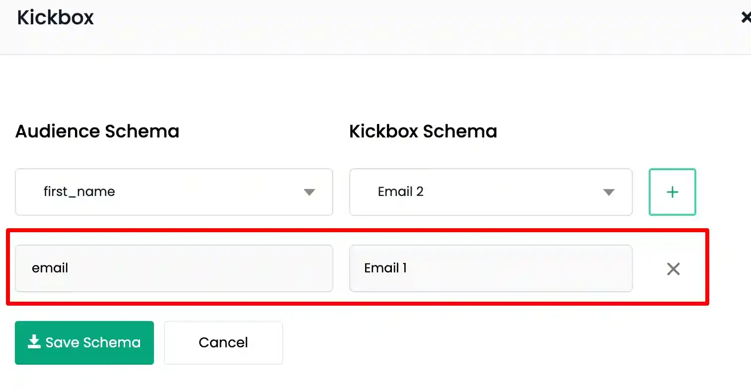 Email fields mapped to Kickbox Email 1/2/3 fields and Save Schema clicked