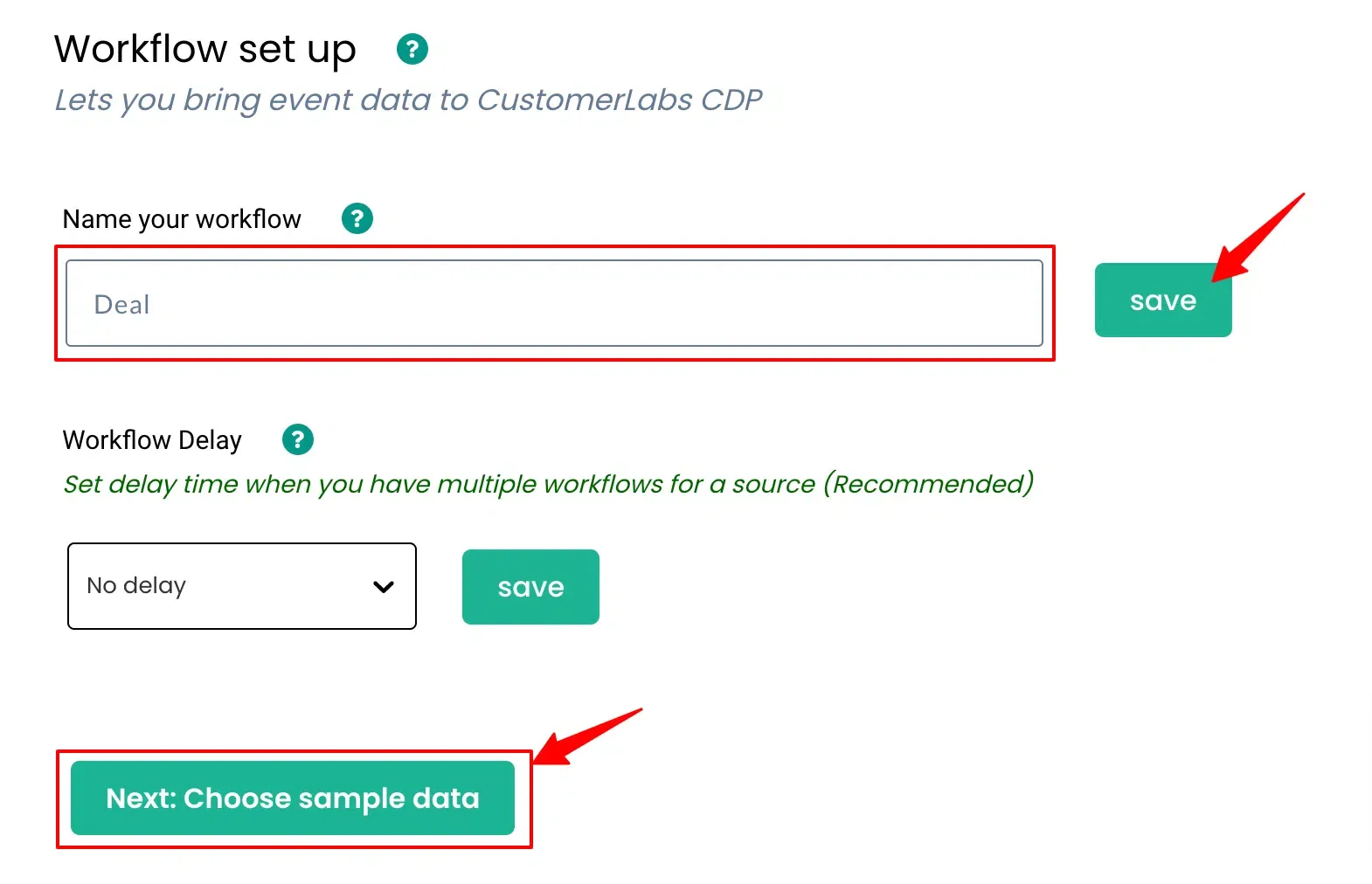 CustomerLabs workflow editor with Fetch Sample Data for a Deal event