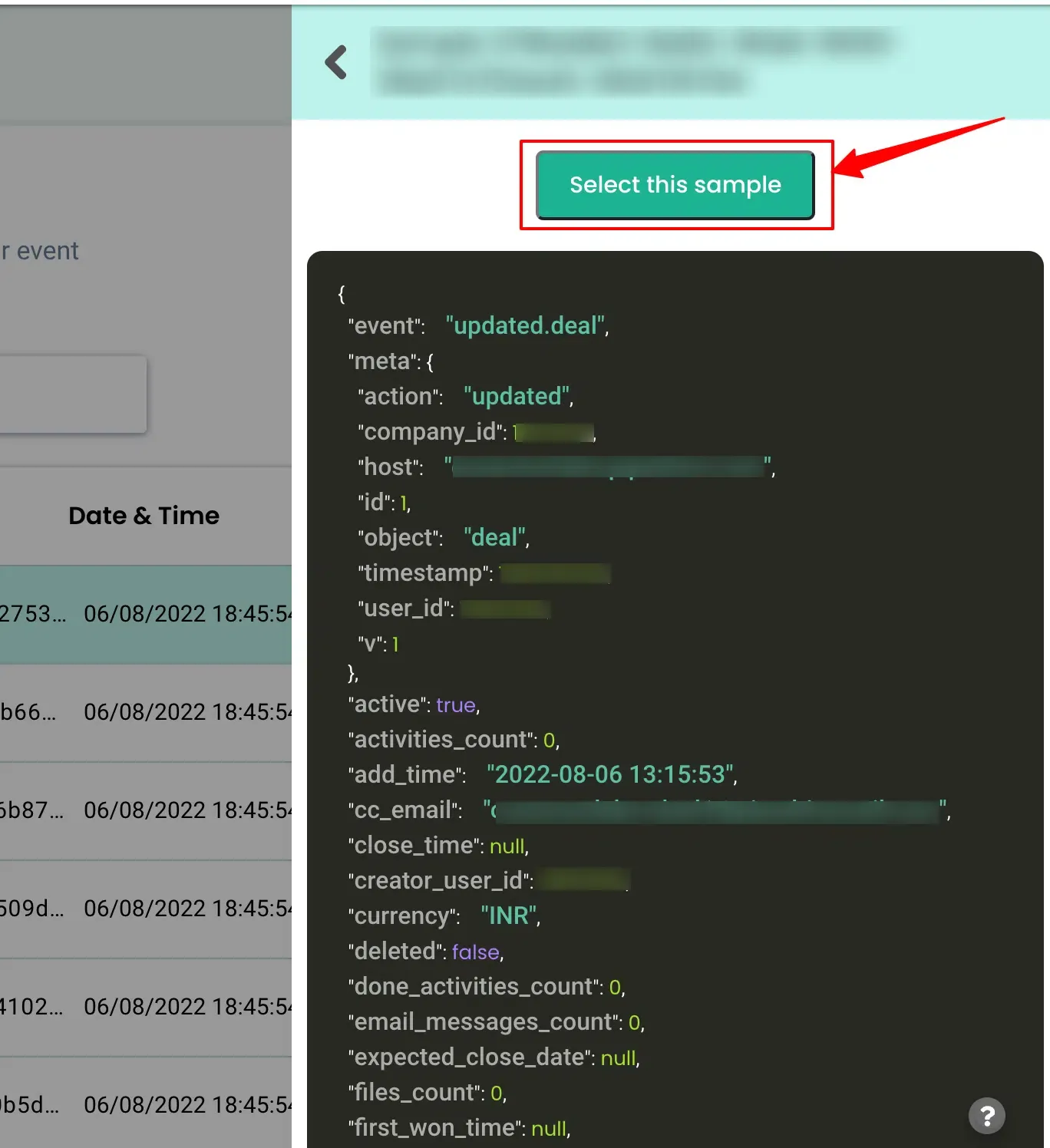 Selecting sample data for the Pipedrive Deal workflow