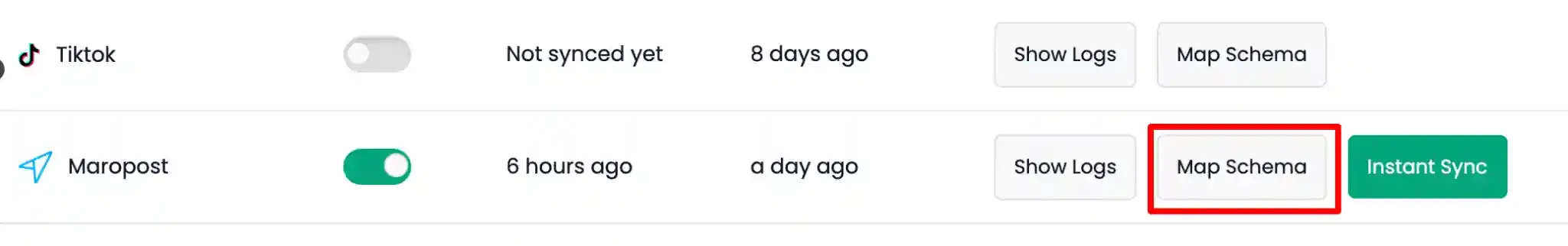 List Sync tab with Map Schema option for Maropost