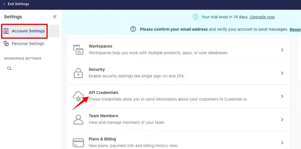 Customer.io Settings → Account Settings → API Credentials