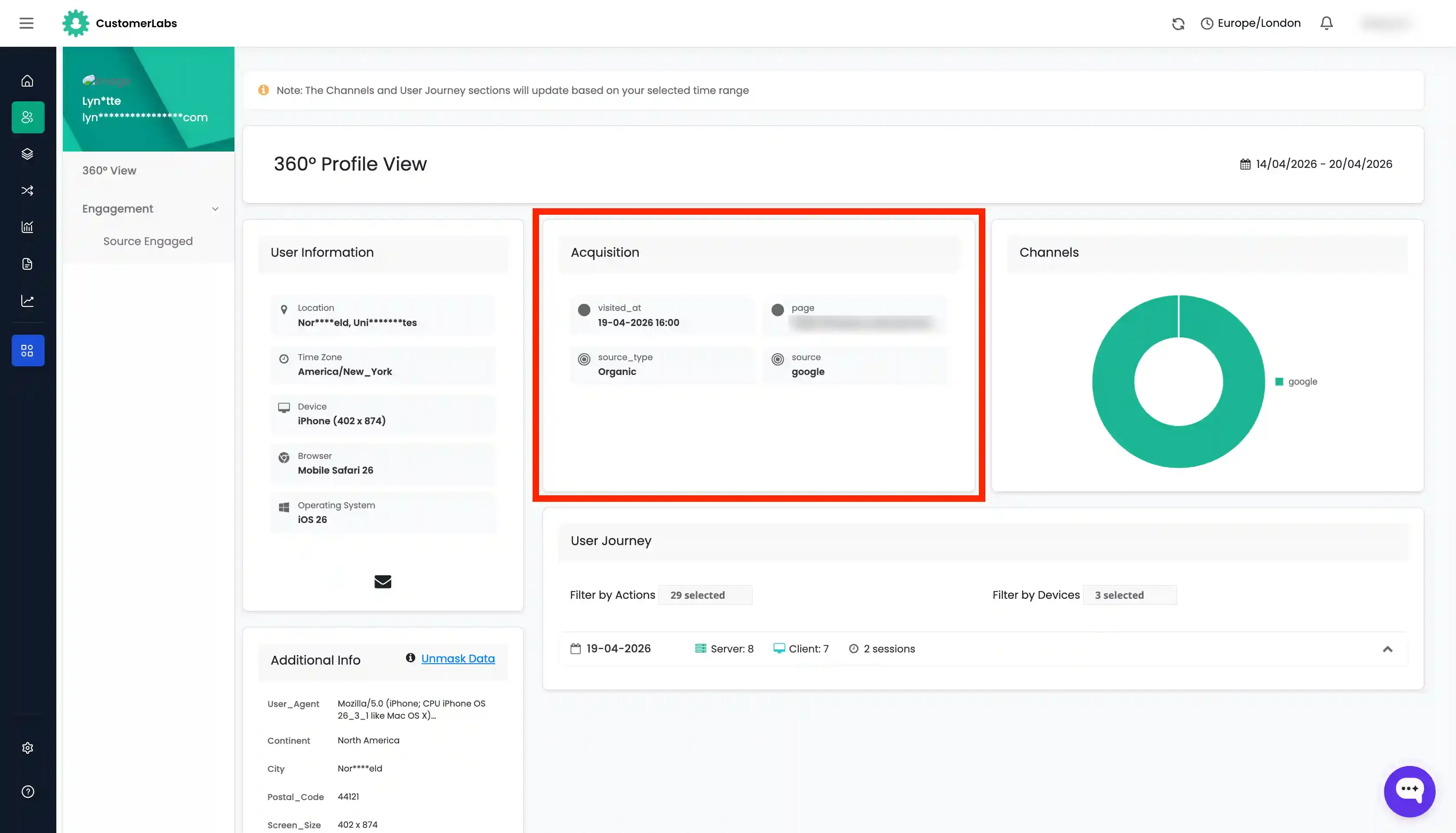 Acquisition section showing entry channel and UTM parameters