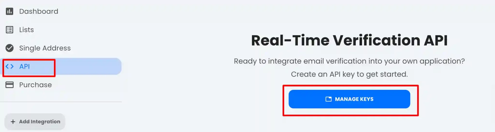 Kickbox API Keys → Manage Keys screen