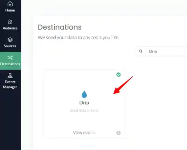 Searching and selecting Drip from CustomerLabs Destinations