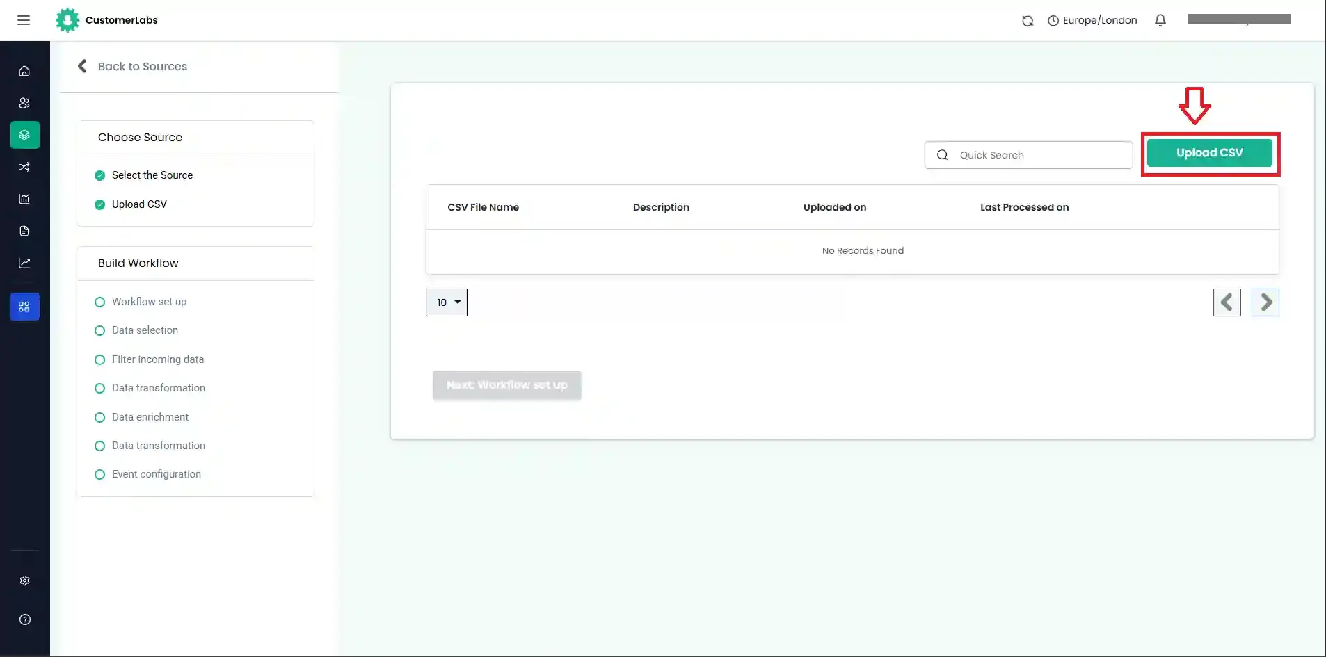 Click Import CSV to begin the upload process