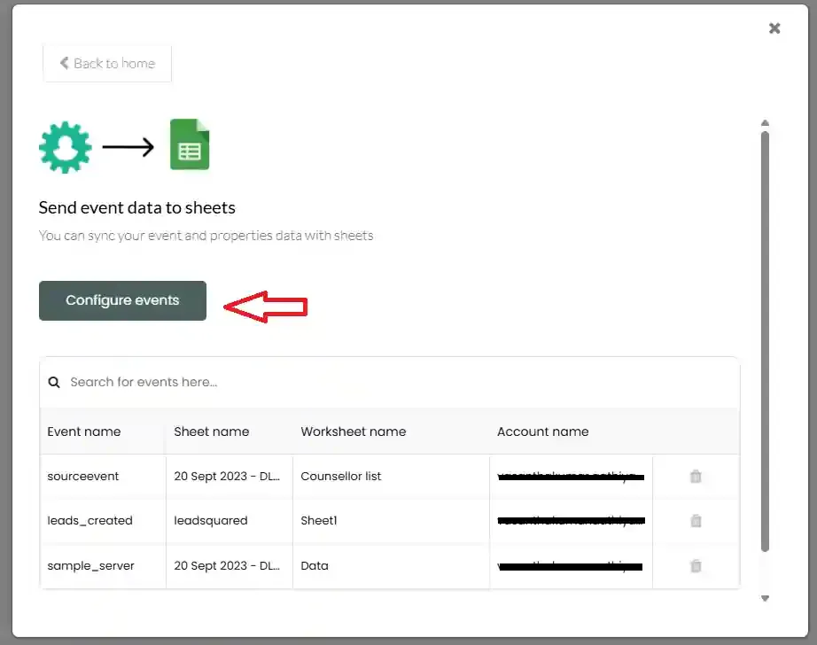 Click Configure Events and Headers from the customization screen