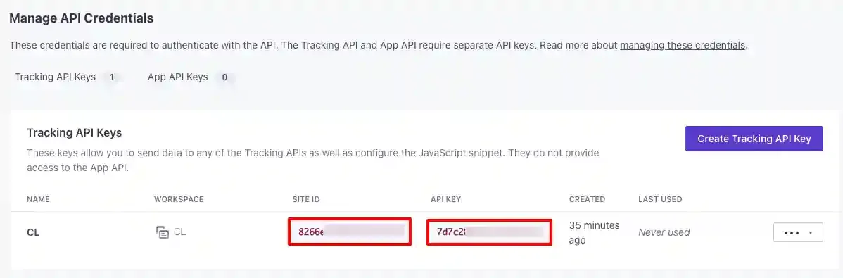 Site ID and API Key displayed in Customer.io