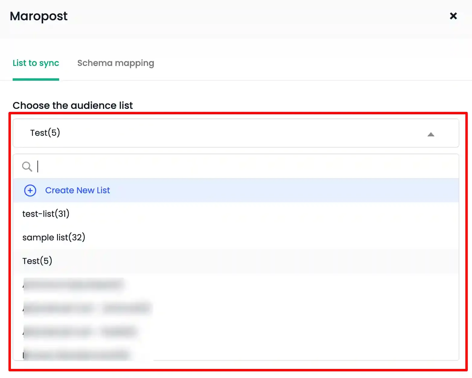 Maropost list selection dropdown with Create New List option