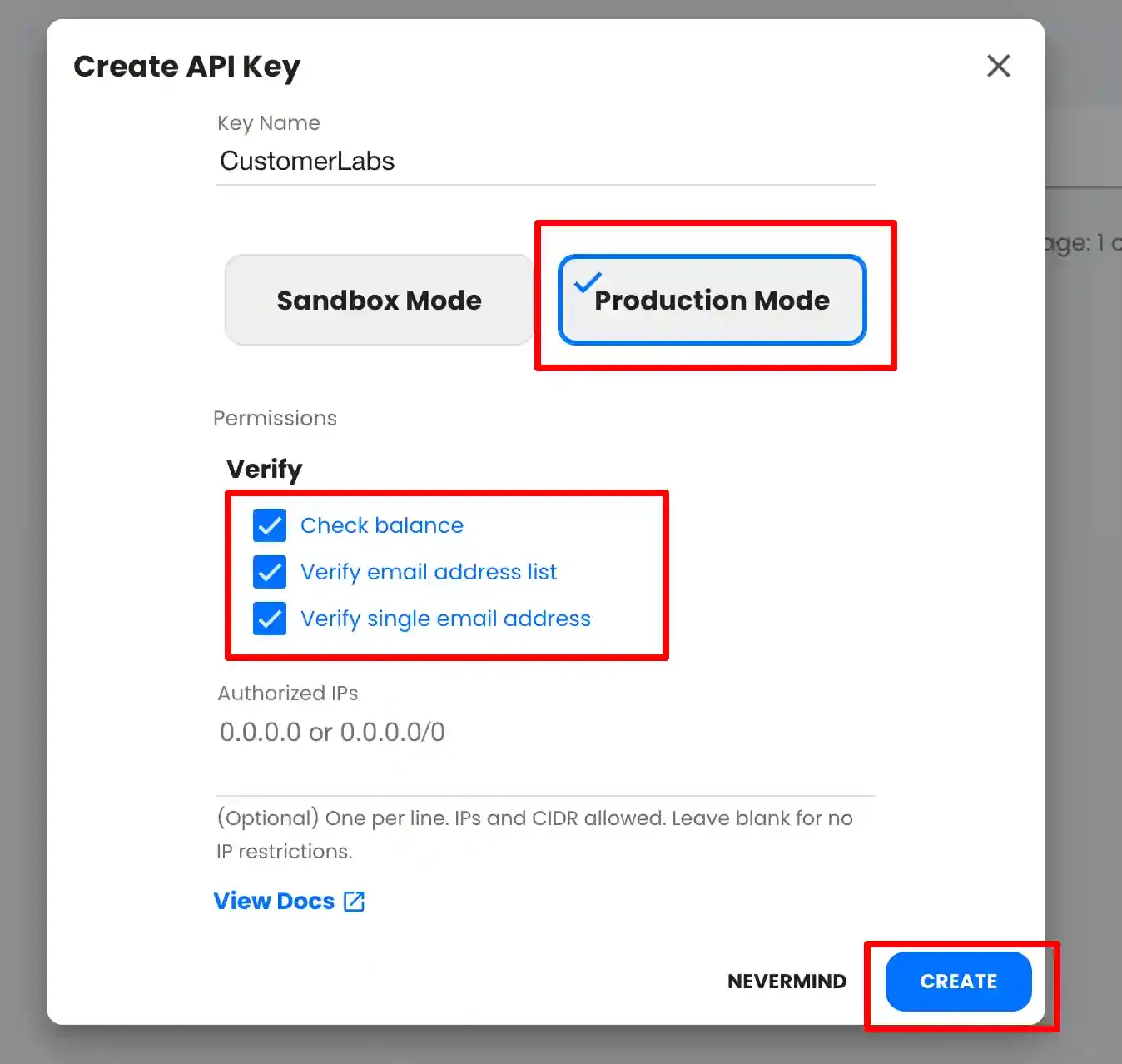 Create API Key modal with configured settings