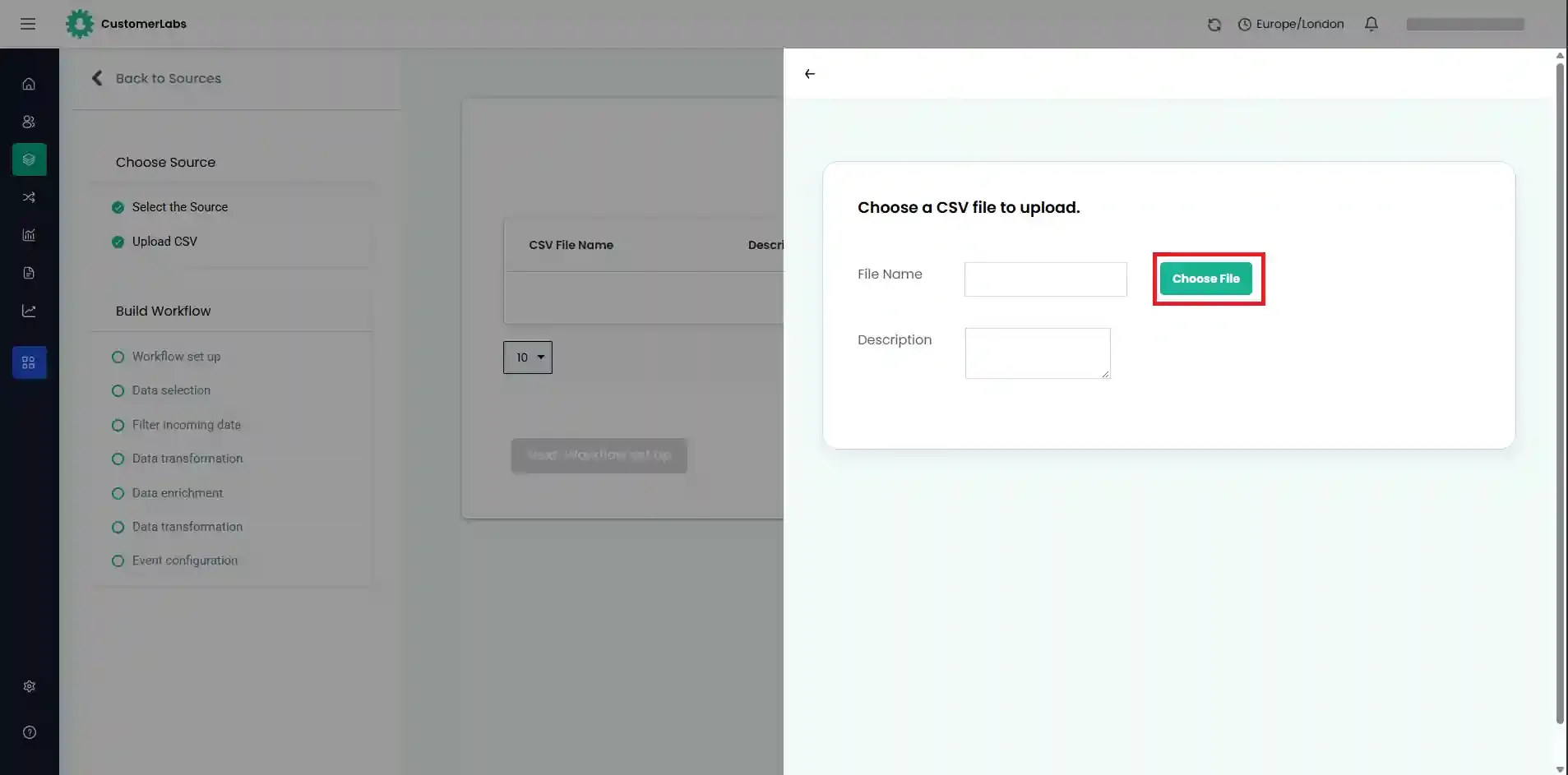 Enter a file name, description, and choose the CSV file