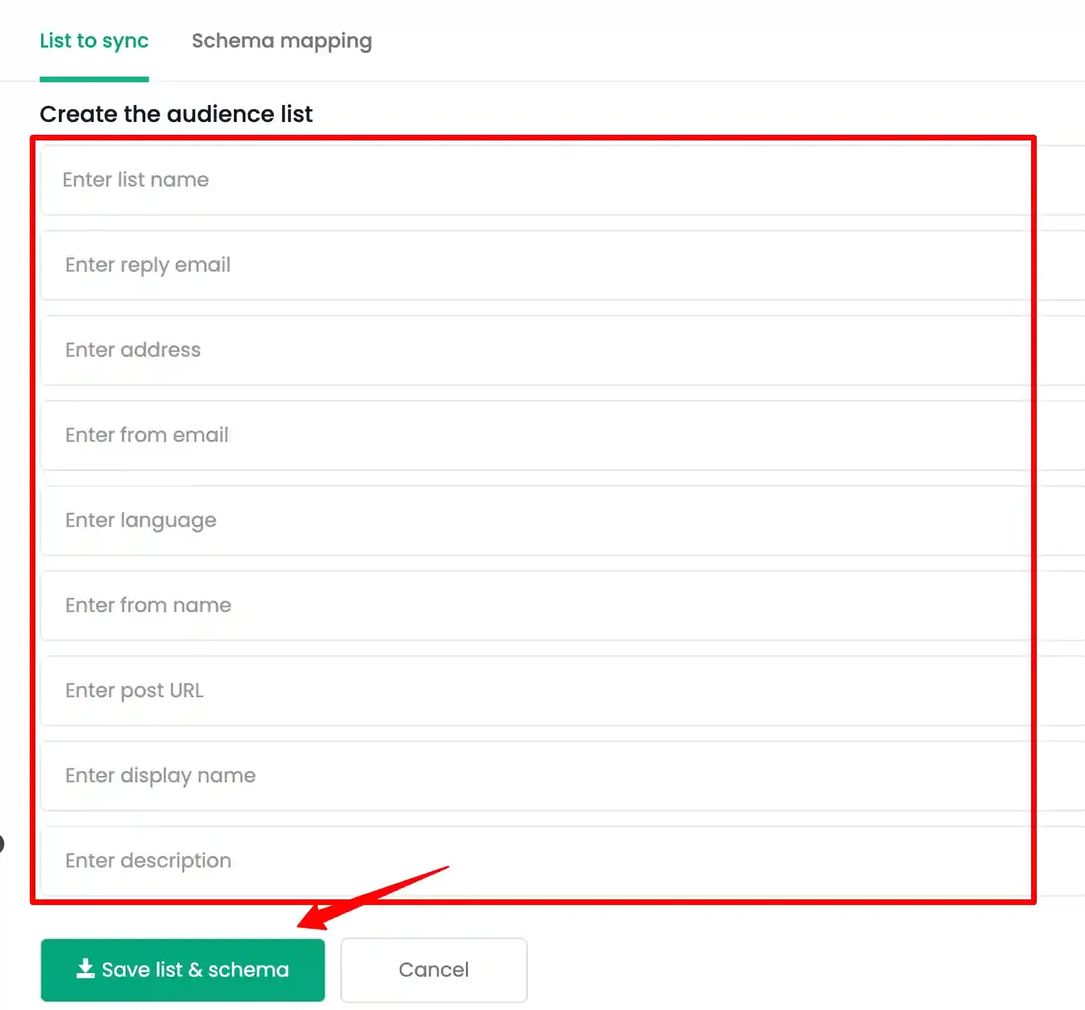 Create New List form for Maropost in CustomerLabs