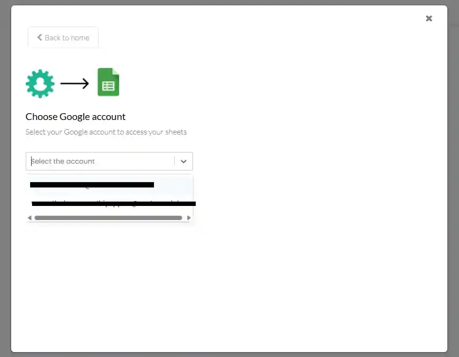Select the preferred Google account to access sheets