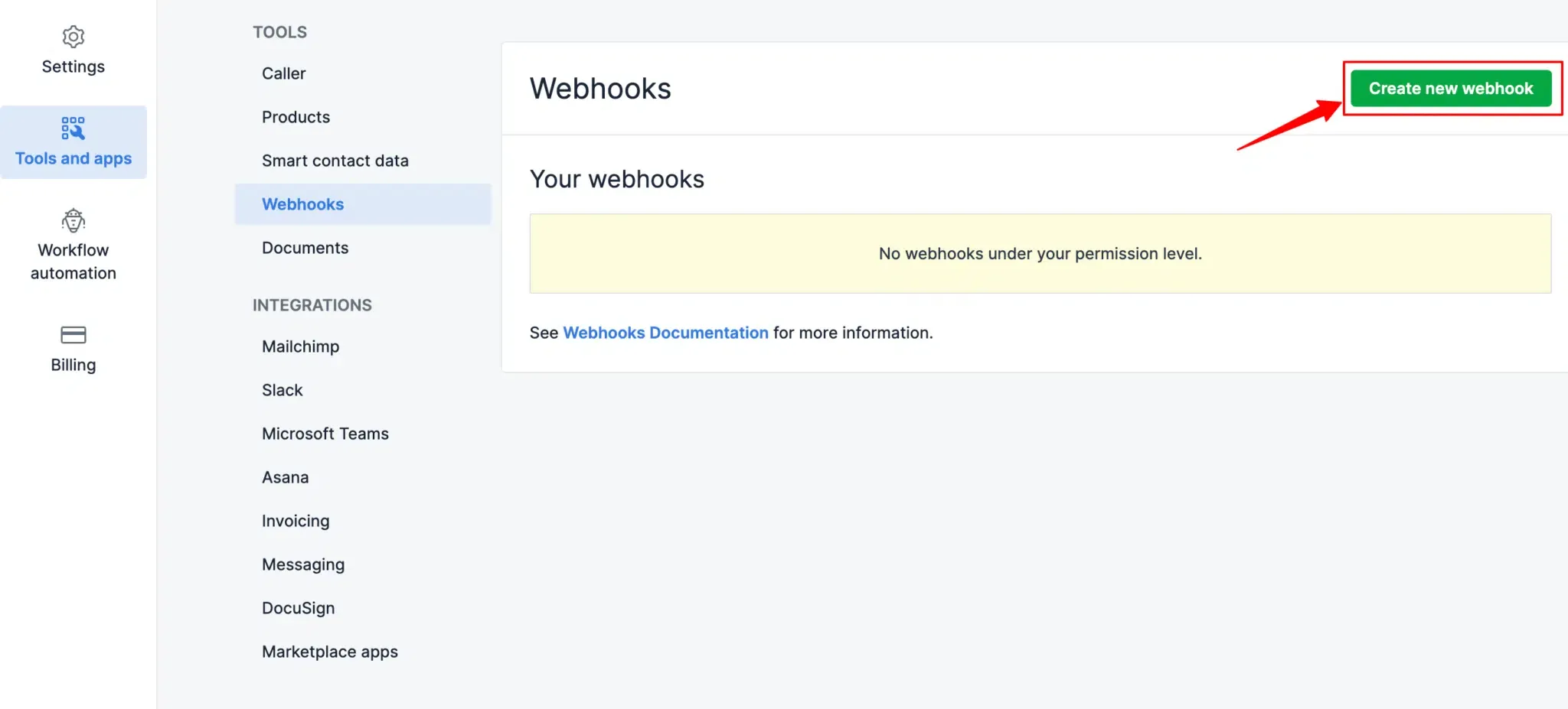 Webhooks section in Pipedrive Tools & Integrations