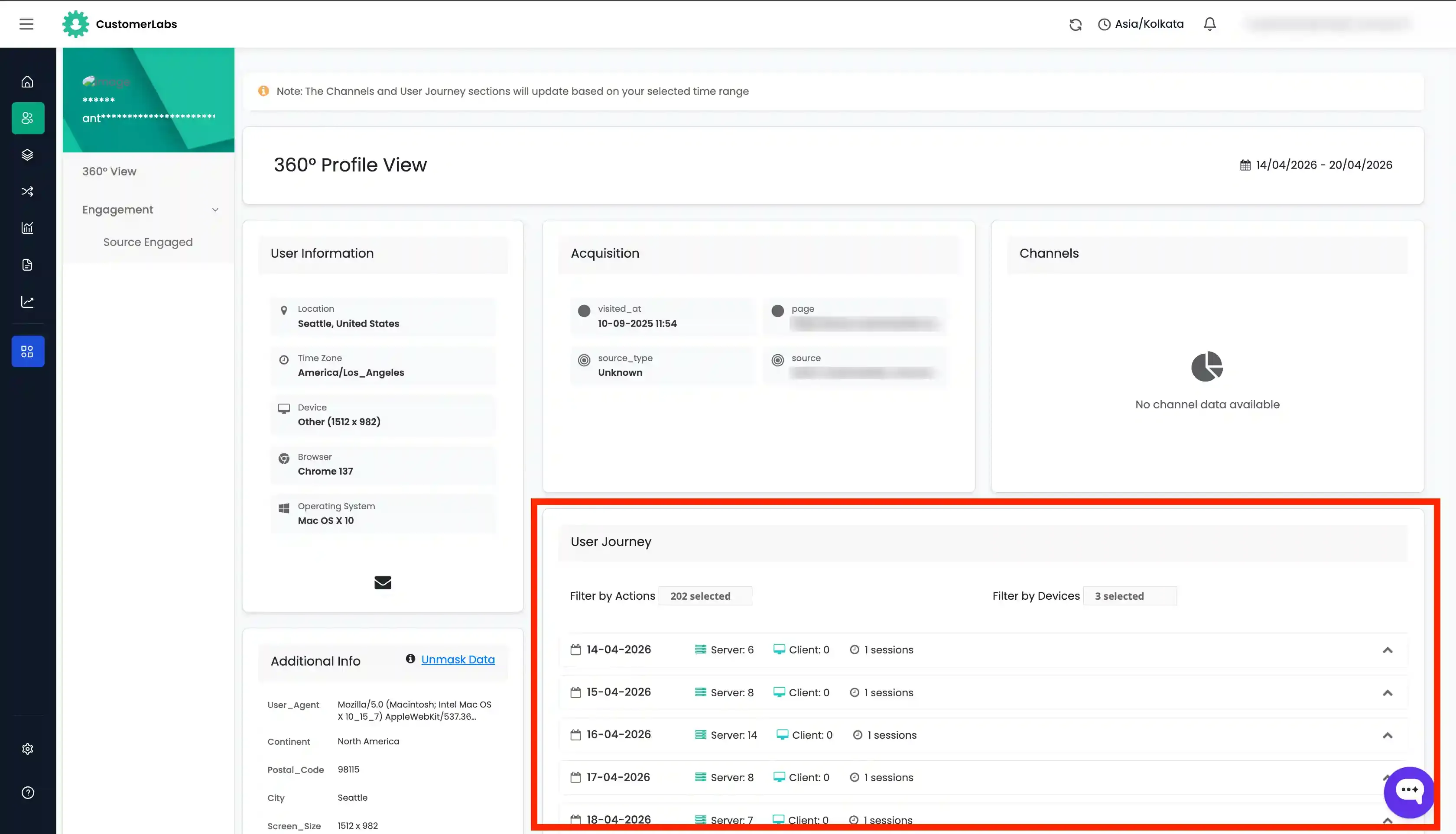 User Journey section showing all tracked events grouped by date