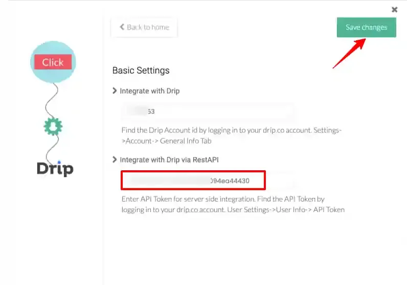 API Token pasted in Integrate with Drip via REST API and Save Changes