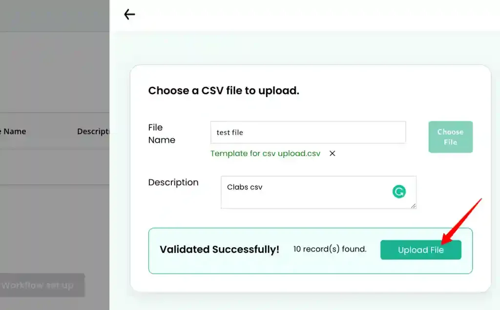 Click Upload file after validation