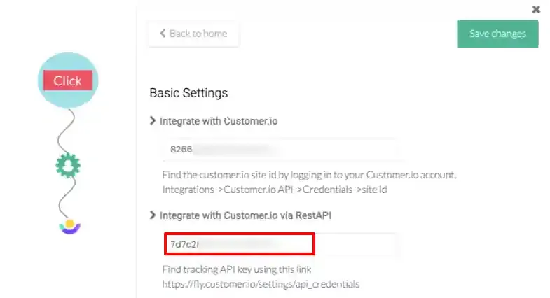 API Key entered in Integrate with Customer.io via REST API field