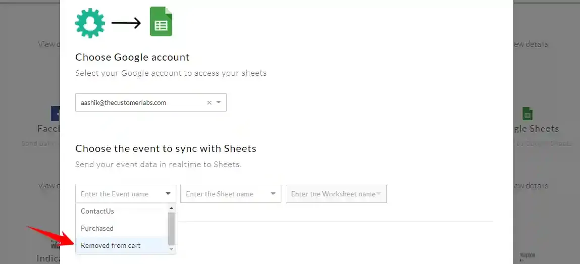 Choose the event to sync, e.g. Removed from Cart
