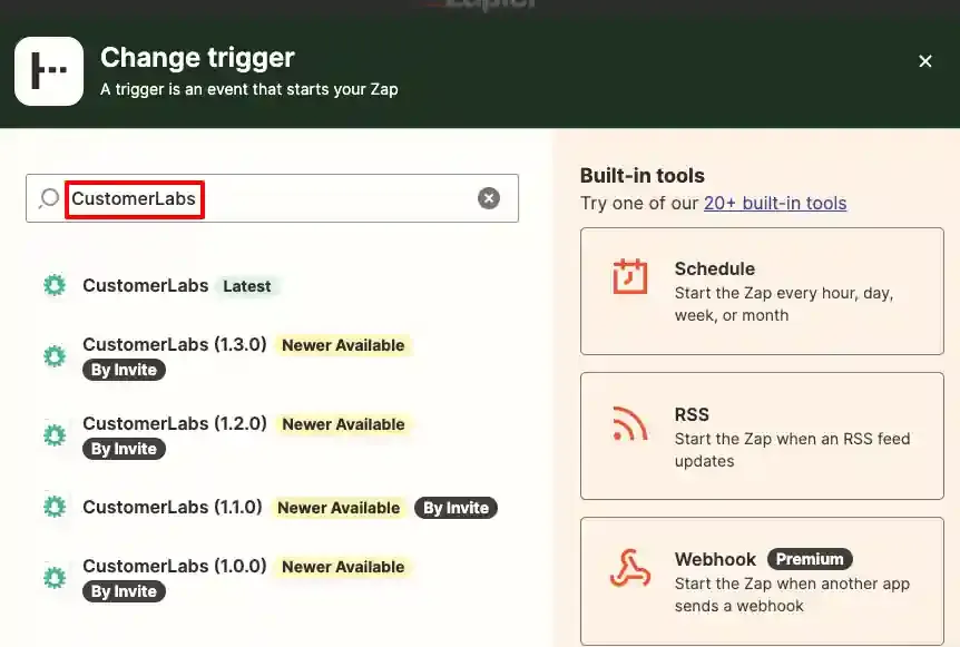 Search for CustomerLabs in the Zapier app search bar