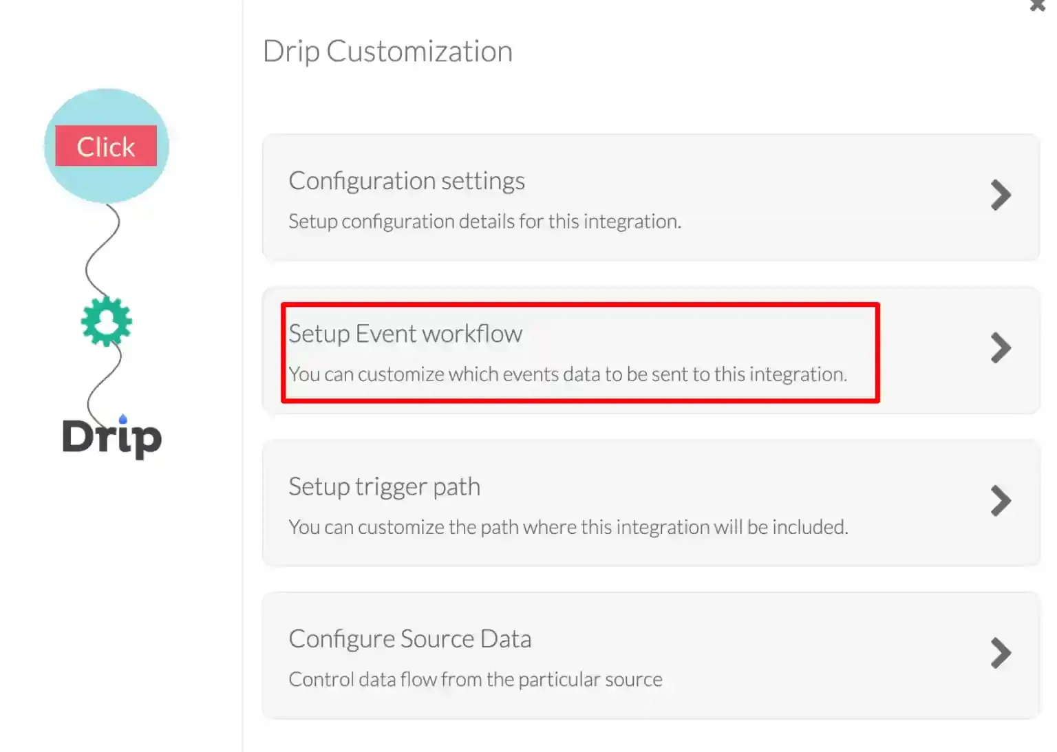 Drip destination customization screen with Setup Event Workflow option