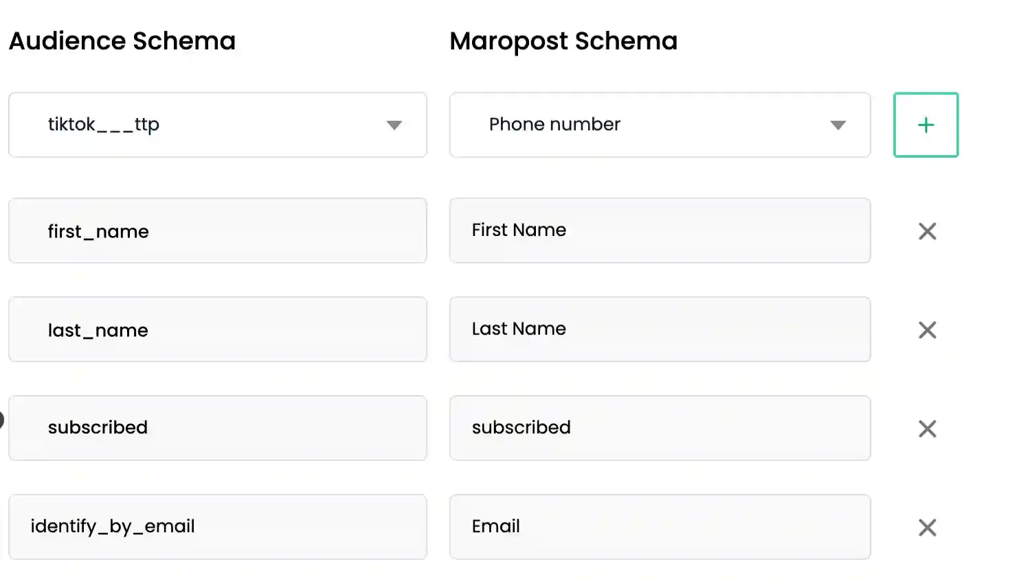 Schema field mapping with + icon between CustomerLabs and Maropost