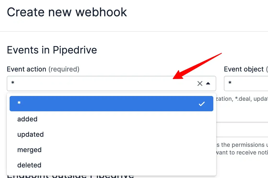 Create new webhook button in Pipedrive